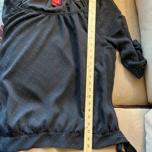 ELLE Blouse Dot Details Sheer Sleeves Scoop Neckline Tie Hem Black & Bronze L - Picture 14 of 14